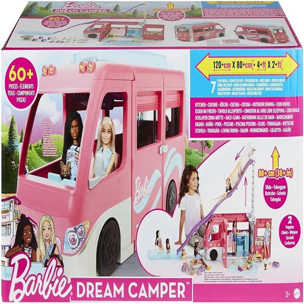 Mattel Barbie DREAM CAMPER Vehicle Playset - Toy Vehicle with 60 Doll-Sized Accessories Including Furniture, Pool & 30-inch Slide