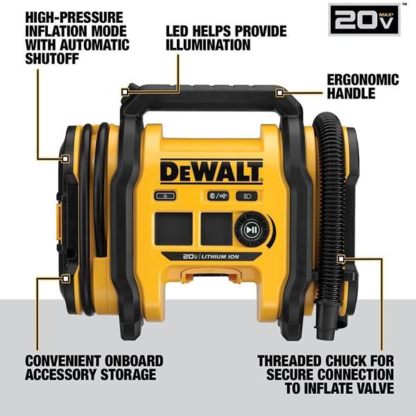 DEWALT 20V MAX Tire Inflator - Compact & Portable, Automatic Shut Off, LED Light, Bare Tool Only (DCC020IB)
