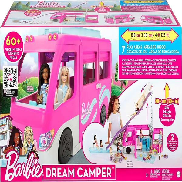 Mattel Barbie DREAM CAMPER Vehicle Playset - Toy Vehicle with 60 Doll-Sized Accessories Including Furniture, Pool & 30-inch Slide