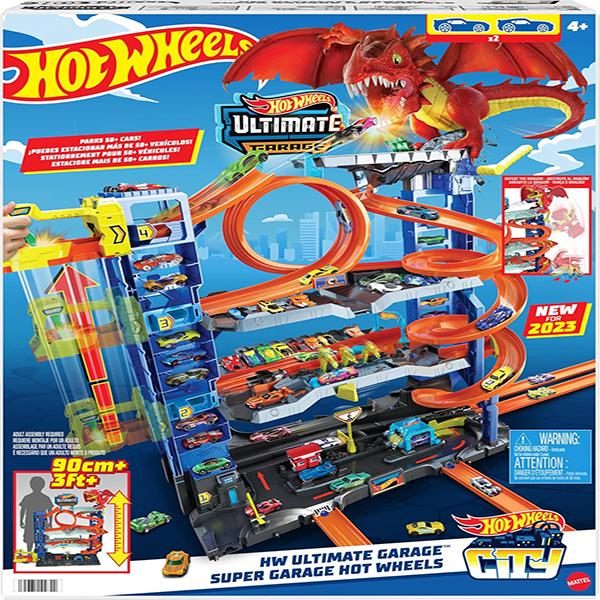 Mattel Hot Wheels City Ultimate Garage Track Set with 2 Die-Cast Toy Cars & Car-Eating Dragon, Stores 50+ Vehicles, 4 Levels