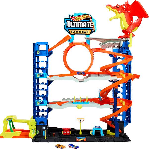 Mattel Hot Wheels City Ultimate Garage Track Set with 2 Die-Cast Toy Cars & Car-Eating Dragon, Stores 50+ Vehicles, 4 Levels