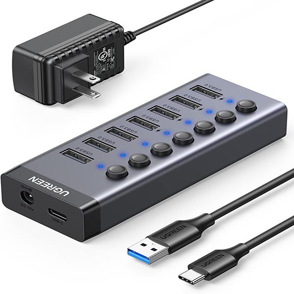 UGREEN Powered USB 3.0 Hub 7-Port USB Adapter with 4 Smart Charging Ports - USB Splitter with Individual Led On/Off Switches and Power Adapter, USB Ports Extender for Laptop PC