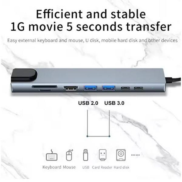 IPUMYNO USB 8-In-1 Hub - USB Type C 3.1 To 4k, HdTV Hub Adapter With SD Tf Rj4, Card Reader, Fast Charge For Macbook Notebook Computer