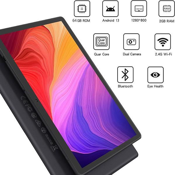 PRITOM 10'' Tablet Android 13 Phone Tablet with SIM Slot, 64GB Quad Core, - IPS Touchscreen, 8MP Rear Camera, WiFi, GPS, Bluetooth, 3G (Black)
