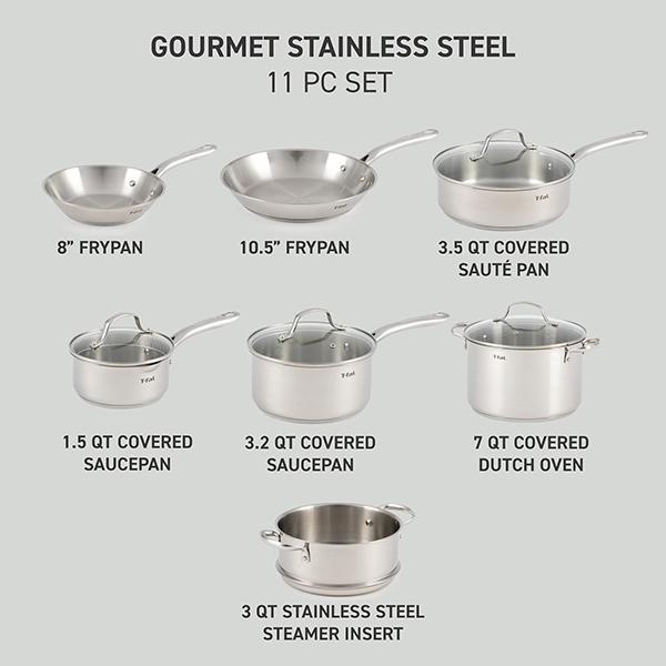 T-fal Stainless Steel Cookware Set 11 Piece Induction - Pots & Pans, Kitchen Cooking Set w/Fry Pans, Saucepans, Saute Pan, Dutch Oven, Steamer (Silver)