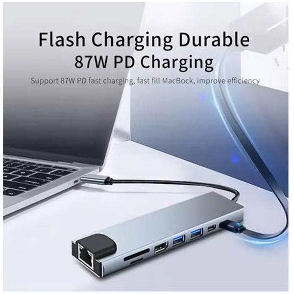 IPUMYNO USB 8-In-1 Hub - USB Type C 3.1 To 4k, HdTV Hub Adapter With SD Tf Rj4, Card Reader, Fast Charge For Macbook Notebook Computer
